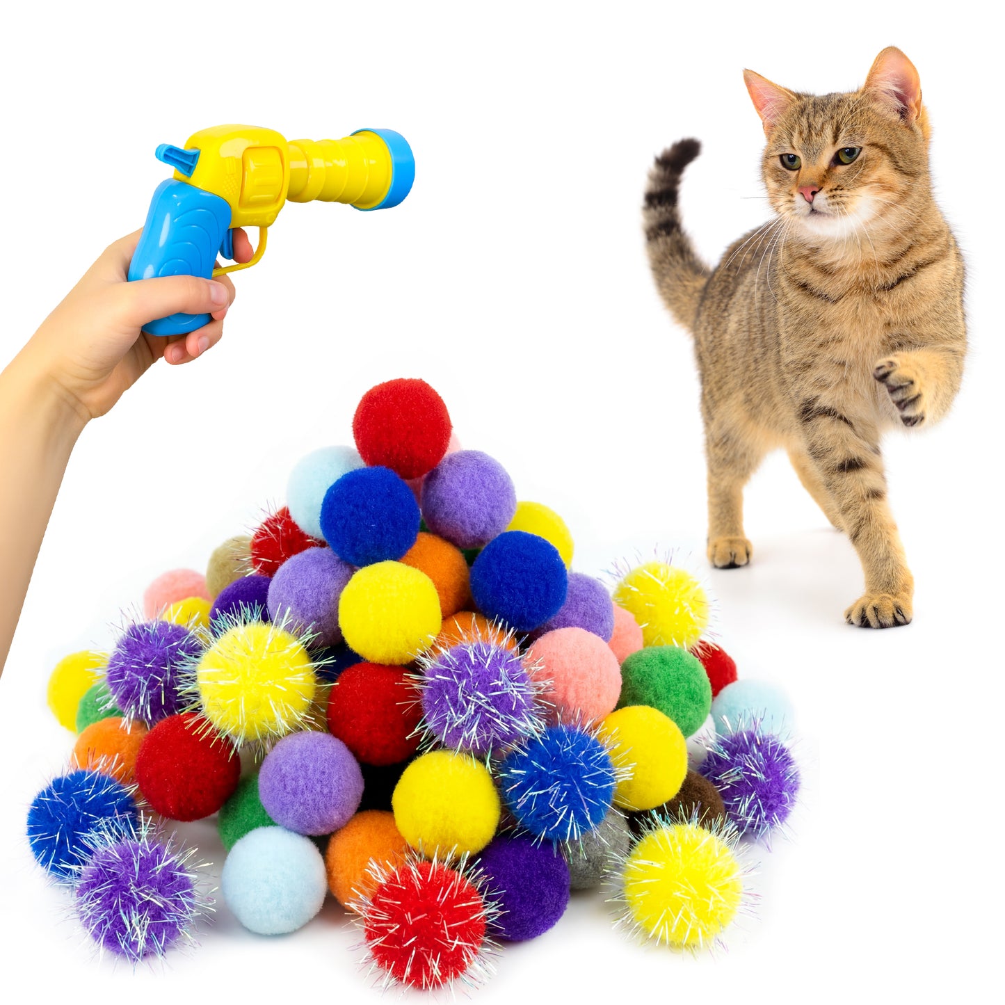 50 Count 1.2 Inches Pom Pom Balls with Cat Ball Launcher